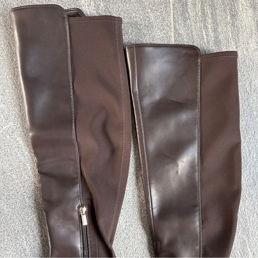 NWOB Calvin Klein Jotty Over The Knee Dress Boots Round Toe Brown Faux Leather 7